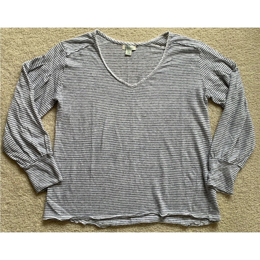Sundance Mariner Journey Linen Top Womens XS Gray Striped Ballon Sleeve Coastal
